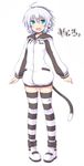  ahoge blue_eyes blush fang full_body hair_tie headphones lockheart open_mouth original shoes short_hair silver_hair simple_background solo striped striped_legwear sweater tail thighhighs white_background yashiro_(lockheart) zettai_ryouiki zipper 