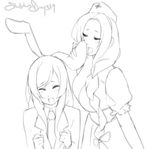  animal_ears bunny_ears earjob eu03 greyscale monochrome multiple_girls reisen_udongein_inaba saliva saliva_trail sketch touhou yagokoro_eirin yuri 