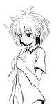  bottomless dressing greyscale itamochi kosegawa_shiromi miyamori_school_uniform monochrome navel saki short_hair simple_background sleepy solo 