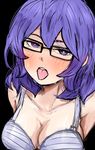  blush bra breasts digimon digimon_world_re:digitize glasses highres large_breasts long_hair mikagura_mirei pltrgst purple_eyes purple_hair sideboob solo sweat tongue tongue_out underwear 