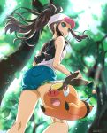  1girl bare_shoulders baseball_cap blue_eyes brown_hair creatures_(company) denim denim_shorts forest from_below game_freak gen_5_pokemon hari611 hat highres long_bangs nature nintendo open_mouth pokemon pokemon_(game) pokemon_bw ponytail shorts tepig touko_(pokemon) tree vest 