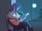  1girl acoustic_guitar brown_hair chair full_moon getsuyoutei_nite green_eyes guitar instrument legs_crossed looking_back moon night purple_hair sitting sitting_by_window sitting_on_chair solo tree unbuttoned_sleeve window 