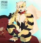  2018 anthro anthrofied arcanine balls black_nose blue_eyes canine cheek_tuft chest_tuft claws collar digital_media_(artwork) dripping erection eyebrows fan_character fur growlithe hair male mammal multicolored_fur muscular muscular_male nintendo nipples nude penis pok&eacute;mon pok&eacute;mon_(species) pok&eacute;morph precum shiny_pok&eacute;mon smooshkin solo spiked_collar spikes toe_claws tuft video_games 