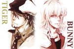  barnaby_brooks_jr blonde_hair brown_eyes brown_hair cabbie_hat dice_text facial_hair glasses green_eyes hat highres multiple_boys muted_color portrait stubble tiger_&amp;_bunny 