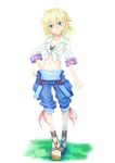  alternate_costume bad_id bad_pixiv_id blonde_hair blush breasts cleavage collarbone contemporary full_body green_eyes hand_on_hip highres medium_breasts midriff mizuhashi_parsee moss_(sphere211) navel overalls pointy_ears ribbon shirt short_hair solo tied_shirt touhou 