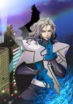  blue_eyes blue_fire cape dual_persona finger_to_mouth fire gloves glowing glowing_eye green_eyes grey_hair hair_ornament hairclip libuki long_hair lunatic_(tiger_&amp;_bunny) multiple_boys silver_hair superhero tiger_&amp;_bunny yuri_petrov 