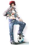  alternate_costume ayane_ninja baggy_pants ball belt casual dead_or_alive dead_or_alive_5 denim freckles jeans jewelry key lips midriff mila_(doa) necklace open_clothes open_shirt pants plaid plaid_shirt red_eyes red_hair shirt short_hair soccer_ball solo tank_top wristband 