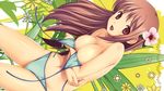  bikini breasts brown_hair character_request cropped flower hair_ornament hibiscus highres koutaro nipples open_mouth solo swimsuit undressing wallpaper 