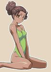  brown_eyes brown_hair dark_skin eyelashes green_swimsuit hair_bun imada_kozue lips looking_at_viewer one-piece_swimsuit open_mouth original outline simple_background sitting solo swimsuit v_arms wariza 