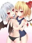  ass bad_id bad_pixiv_id bare_shoulders bat_wings bikini blonde_hair blue_hair blush butt_crack collarbone fingernails flandre_scarlet fumoyuni hug long_fingernails looking_at_viewer multiple_girls no_hat no_headwear one-piece_swimsuit red_eyes remilia_scarlet school_swimsuit short_hair siblings side-tie_bikini simple_background sisters slit_pupils smile swimsuit touhou wings 