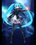  aqua_hair black_legwear blue_eyes boots constellation cross-laced_footwear dress hatsune_miku highres knee_boots lace-up_boots lens_flare long_hair outstretched_arm pillarboxed skindentation solo star thighhighs toda_youkon twintails very_long_hair vocaloid 