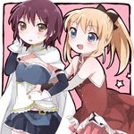  :d bare_shoulders blonde_hair blue_eyes blush bow brown_eyes cape cosplay funami_yui gloves hug hug_from_behind long_hair magical_girl mahou_shoujo_madoka_magica miki_sayaka miki_sayaka_(cosplay) multiple_girls namesake open_mouth ponytail prussian_blue purple_hair sakura_kyouko sakura_kyouko_(cosplay) short_hair skirt smile toshinou_kyouko yuru_yuri 