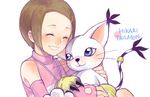  ayame_(artist) blush brown_hair character_name claws closed_eyes cuts digimon digimon_adventure_02 fingerless_gloves gloves grin hair_ornament hairclip injury jewelry necklace paw_gloves paws short_hair smile tail_ring tailmon yagami_hikari 