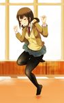  akihisa201 bad_id bad_pixiv_id black_legwear blazer brown_hair closed_eyes dancing headphones jacket necktie okita_sawa pantyhose pleated_skirt school_uniform skirt solo sweater tari_tari twintails 