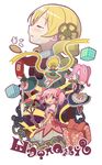  blonde_hair blush bow_(weapon) bubble_skirt candeloro candeloro's_familiars chain closed_eyes cup drill_hair gecchu gift gloves hair_ornament hair_ribbon highres kaname_madoka madoka_runes magical_girl mahou_shoujo_madoka_magica multiple_girls official_style pink_eyes pink_hair ribbon school_uniform skirt smile teacup teapot tears tomoe_mami tray twin_drills twintails weapon witch_(madoka_magica) 