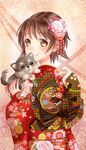  alternate_costume brown_hair dog flower hair_ornament japanese_clothes kikumon kimono kuji_kanesada miyafuji_yoshika shippou_(pattern) solo strike_witches totonii_(totogoya) unmoving_pattern world_witches_series yellow_eyes 