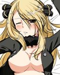 blonde_hair breasts colorized gebyy-terar grey_eyes hair_ornament hair_over_one_eye jacket large_breasts long_hair lowres no_bra one_eye_closed open_clothes open_jacket pokemon pokemon_(game) pokemon_dppt scarf shirona_(pokemon) solo 