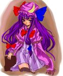  book bow coat crescent dress hair_bow hat kionaisiteru long_hair low-tied_long_hair overcoat patchouli_knowledge purple_eyes purple_hair solo striped striped_dress thighhighs touhou zettai_ryouiki 