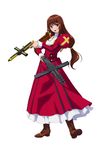  boots brown_eyes brown_hair cross cross-laced_footwear cross_necklace dress dual_wielding erica_fontaine gun holding jewelry lace-up_boots long_hair low-tied_long_hair necklace official_art project_x_zone red_dress sakura_taisen sakura_taisen_iii smile solo submachine_gun trigger_discipline twintails weapon 