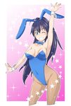  animal_ears black_hair blue_eyes bow bowtie bunny_ears bunnysuit detached_collar ganaha_hibiki grin idolmaster idolmaster_(classic) long_hair pantyhose ponytail sheer_legwear smile wrist_cuffs yamada_(yamada_adamay) 