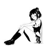  against_wall bob_cut greyscale hair_bun highres itamochi miyamori_school_uniform monochrome monocle saki school_uniform short_hair sitting socks solo usuzawa_sae 