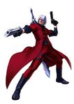  blue_eyes coat dante_(devil_may_cry) devil_may_cry devil_may_cry_1 dual_wielding ebony_&amp;_ivory fighting_stance gloves hair_over_one_eye holding huge_weapon long_coat male_focus official_art open_clothes open_coat over_shoulder project_x_zone silver_hair solo sword thigh_strap weapon weapon_over_shoulder 