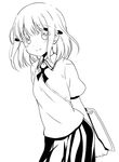  aislinn_wishart arms_behind_back behind_ear blush greyscale itamochi marker miyamori_school_uniform monochrome saki school_uniform short_hair simple_background smile solo 