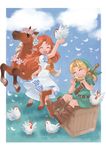  1girl bird blonde_hair chicken closed_eyes cucco dancing dress epona feathers flower head_wreath horse instrument link malon music ocarina playing_instrument pointy_ears red_hair sagawa_yumeko sword the_legend_of_zelda the_legend_of_zelda:_ocarina_of_time weapon 