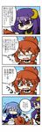  4koma blue_hair brown_eyes comic crescent crescent_hair_ornament eyebrows fang glasses hair_ornament hair_up hairclip headband highres long_hair mikazuki_aoi multiple_girls oono_mayu open_mouth pixiv_azriel purple_hair red_eyes red_hair scarf short_hair smile tears translation_request yanagi_(nurikoboshi) yumeshima_kanata 