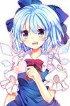  bad_id bad_pixiv_id blue_eyes blue_hair bow cirno dress ginzuki_ringo hair_bow heart ice ice_wings open_mouth puffy_sleeves ribbon short_hair short_sleeves smile solo touhou wings 