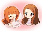  brown_hair chibi closed_eyes forehead hahifuhe hair_down heart idolmaster idolmaster_(classic) long_hair minase_iori multiple_girls orange_hair pajamas red_eyes takatsuki_yayoi 