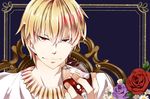  alcohol blonde_hair closed_mouth cup drinking_glass evil_smile face fate/zero fate_(series) flower gilgamesh ichitaka jewelry male_focus necklace portrait red_eyes smile solo wine wine_glass 