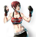  ayane_ninja bandaid boxing_gloves breasts cleavage clothes_writing contrapposto dead_or_alive dead_or_alive_5 fingerless_gloves freckles gloves large_breasts midriff mila_(doa) mixed_martial_arts muscle navel red_eyes red_hair short_hair shorts slender_waist solo sports_bra standing 