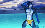  abs anthro backdraft beach biceps big_muscles blue_eyes blue_fur blue_theme boat bulge canine chest_tuft cloud clouds fangs front fur hand_on_head looking_at_viewer male mammal muscles navel outside pecs pose sea seaside sky smile solo speedo standing swimming swimsuit topless tsaiwolf tuft underwear water wet wolf 