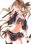  bad_id bad_pixiv_id breasts brown_hair cleavage dual_wielding earrings green_eyes highres holding jewelry knife long_hair medium_breasts midriff navel necklace original ponytail sakuragi_ren simple_background skirt solo thigh_strap white_background 