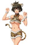  animal_ears animal_print bad_id bad_pixiv_id bell bell_collar blue_eyes breasts brown_hair collar large_breasts looking_at_viewer open_mouth original paw_print shanaminami short_hair shorts solo tail tiger_ears tiger_print tiger_tail transparent_background 