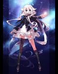  blue_eyes boots cross-laced_footwear garters highres ia_(vocaloid) knee_boots lace-up_boots long_hair mismatched_legwear outstretched_arm solo thighhighs toda_youkon very_long_hair vocaloid 
