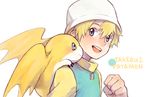  ayame_(artist) blonde_hair blue_eyes blush character_name creature digimon digimon_adventure_02 hat head_wings male_focus patamon smile takaishi_takeru 