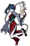  alternate_costume blue_hair blue_skin blush breasts china_dress chinese_clothes dress hair_over_one_eye leviathan_(skullgirls) medium_breasts open_mouth red_eyes side_slit skullgirls solo squigly_(skullgirls) stitched_mouth stitches zombie 