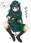  backpack bag blue_eyes blue_hair boots fingerless_gloves gloves hair_bobbles hair_ornament hat kawashiro_nitori key long_sleeves screw short_hair sleeves_rolled_up solo sweatdrop touhou translated trembling two_side_up unasaka_ryou wrench 