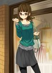  bag brown_hair collarbone fashion glasses green_eyes handbag long_sleeves original pantyhose short_hair solo standing unasaka_ryou watch wristwatch 