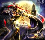  1girl bayonetta bayonetta_(character) black_hair blue_eyes breasts full_moon glasses large_breasts long_hair mole moon smile solo star_(sky) tetz-co tower very_long_hair 