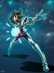  brown_eyes brown_hair fighting_stance kitakaze_tomohiro male_focus pegasus_seiya saint_seiya signature solo star 