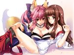  animal_ears bad_id bad_pixiv_id bare_shoulders bottomless bow breasts brown_eyes brown_hair detached_sleeves fate/extra fate_(series) fox_ears fox_tail hair_bow hair_ribbon japanese_clothes kishinami_hakuno_(female) large_breasts long_hair miko multiple_girls open_clothes open_shirt pantyhose pink_hair ribbon shirt tail tamamo_(fate)_(all) tamamo_no_mae_(fate) thighhighs twintails undressing yo_komizo yuri 