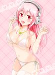  bad_id bad_pixiv_id bikini blush breasts guitar headphones instrument jewelry kaya_(c14) large_breasts long_hair looking_away navel necklace nitroplus open_mouth pink_eyes pink_hair see-through shiny shiny_skin side-tie_bikini solo super_sonico swimsuit thighhighs underboob 
