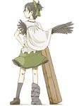  alternate_hair_length alternate_hairstyle alternate_wings arm_cannon asymmetrical_wings black_wings cape from_behind grey_hair hand_on_hip kawashina_(momen_silicon) mismatched_footwear reiuji_utsuho short_hair short_ponytail simple_background skirt socks solo standing touhou weapon white_background wings 