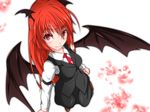  arm_garter bat_wings blush breasts cross dress_shirt eyelashes from_above head_wings highres koakuma long_hair long_sleeves looking_at_viewer medium_breasts necktie red_eyes red_hair s-ghost shirt shoes skirt skirt_set smile solo touhou very_long_hair vest white_shirt wings 