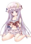  :o bare_legs bare_shoulders barefoot bikini blush bow collarbone crescent full_body hair_bow hat kemomo long_hair looking_at_viewer navel patchouli_knowledge purple_eyes purple_hair reading simple_background sitting solo swimsuit touhou very_long_hair wariza white_background wings 