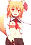  animal_ears ascot bad_id bad_pixiv_id banned_artist blonde_hair blush breasts cat_ears cat_tail chain collar hair_ribbon kemonomimi_mode kisaragi_zwei medium_breasts navel nipples open_mouth pantyhose red_eyes ribbon rumia shirt_lift skirt solo tail touhou 