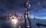  artist_request bob_cut bodysuit cityscape cloud cyberpunk cyborg dusk ghost_in_the_shell ghost_in_the_shell_stand_alone_complex gun highres kusanagi_motoko looking_back non-web_source purple_hair red_eyes reflection science_fiction short_hair sky skyline solo submachine_gun water weapon 